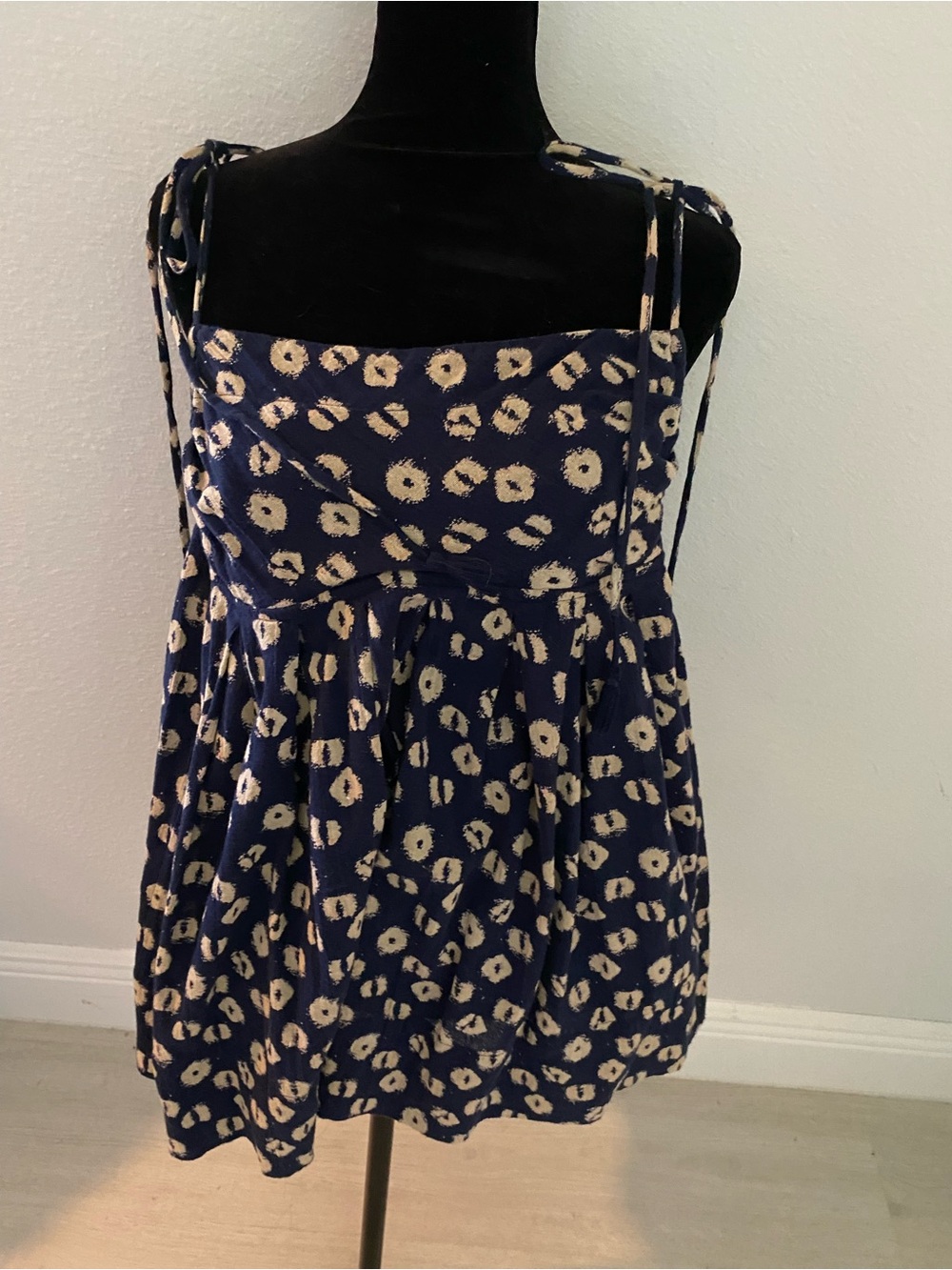 Free People Navy and Cream Floral Tie-Shoulder Tunic